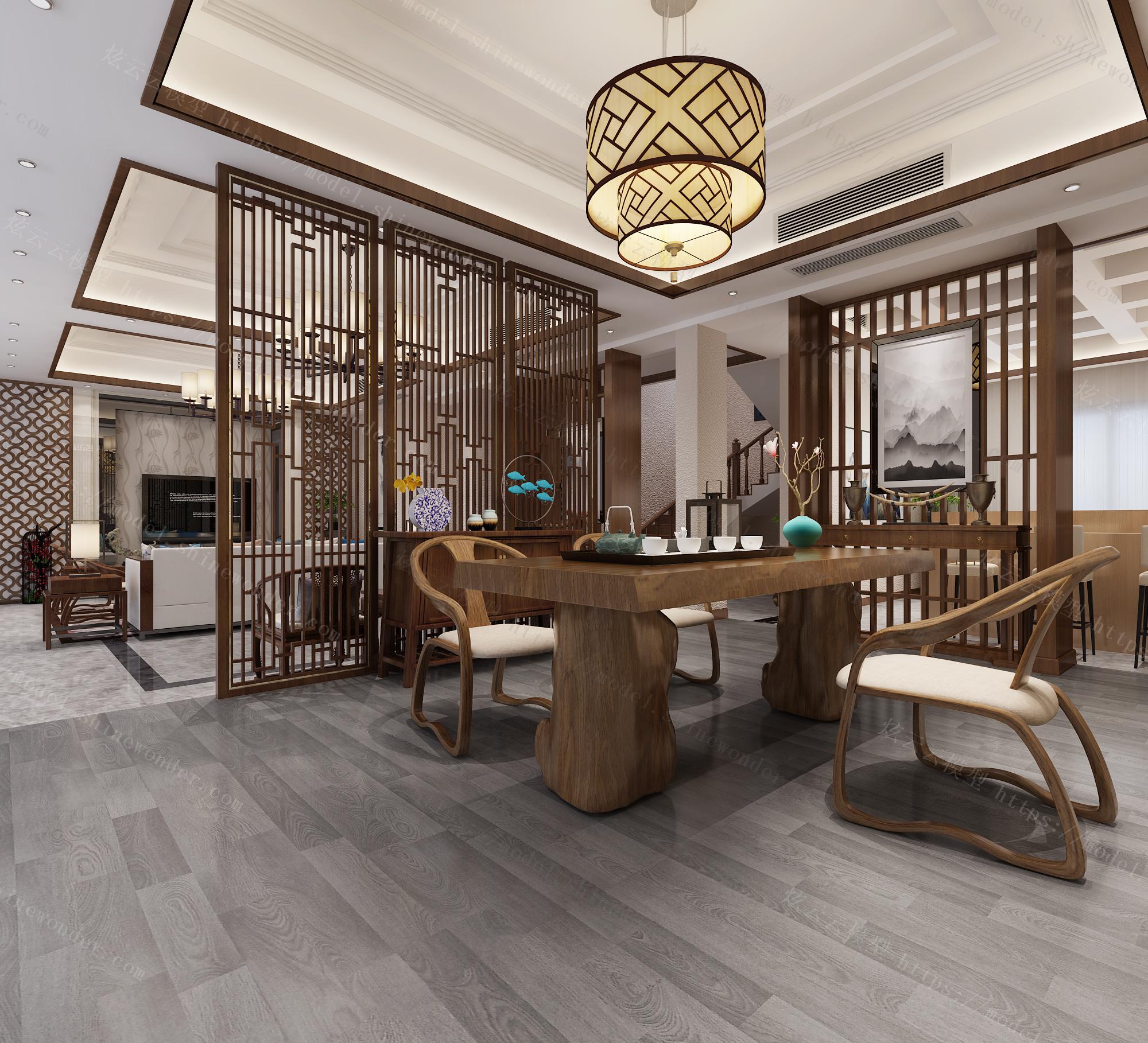 中式客厅茶室模型