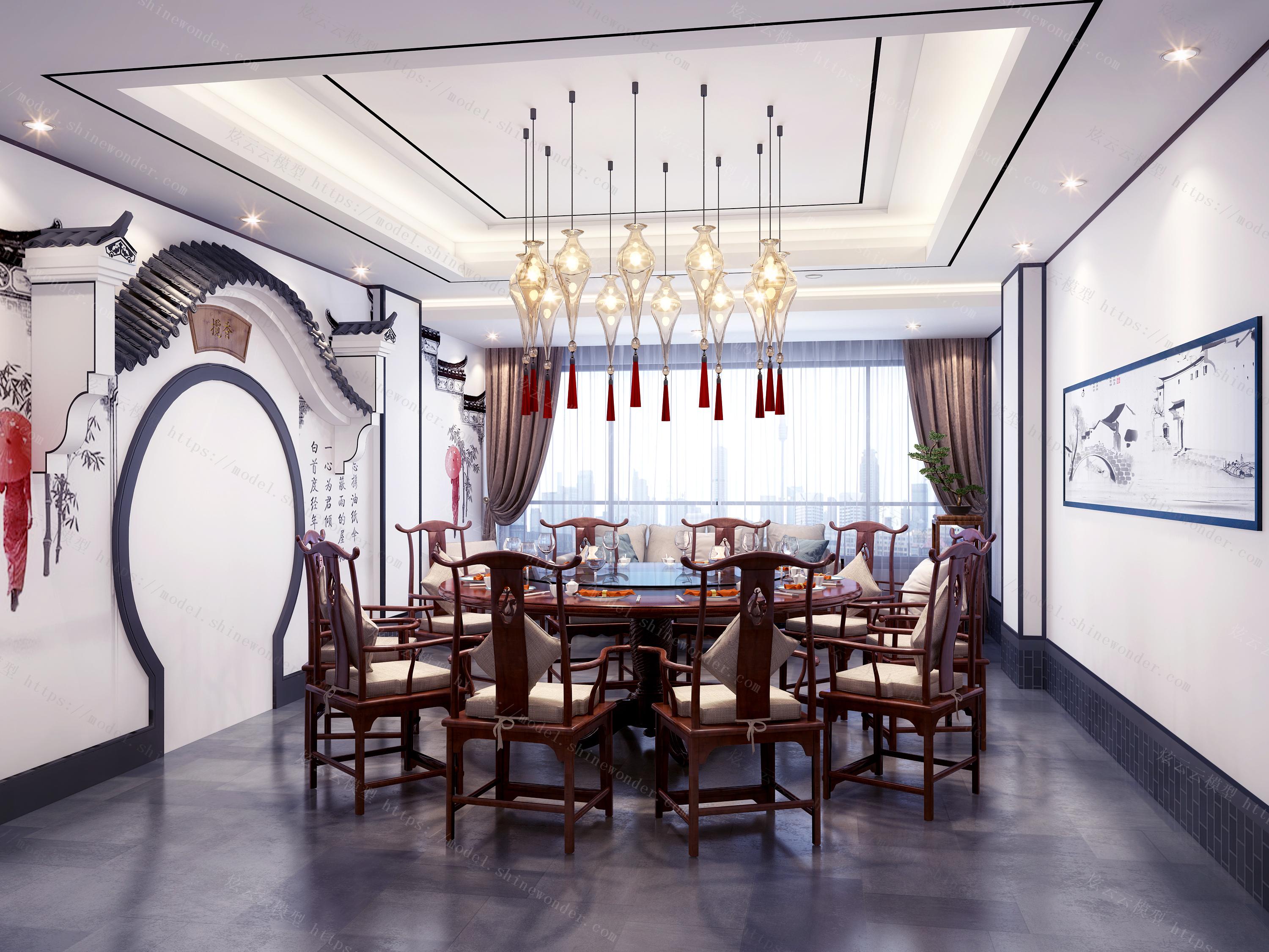 新中式酒店餐厅包间江南风格模型