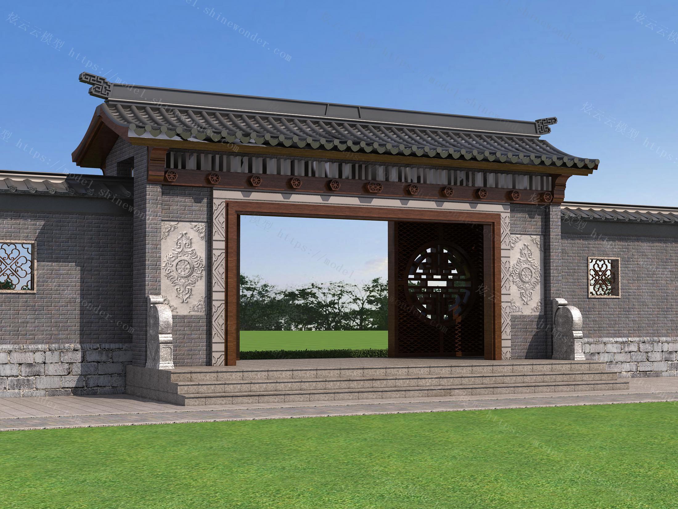 中式古建庭院大门模型