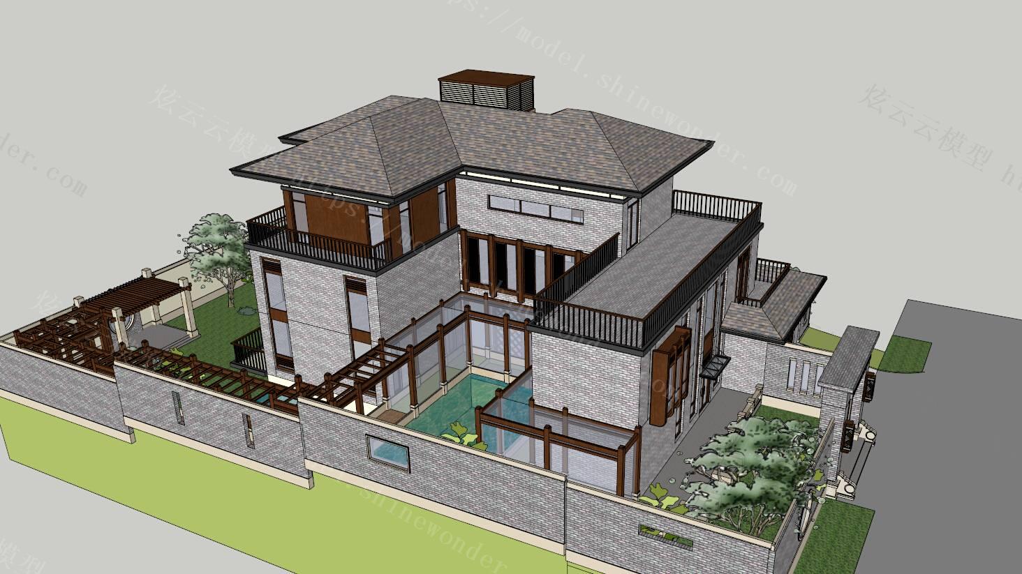 现代新中式别墅模型模型