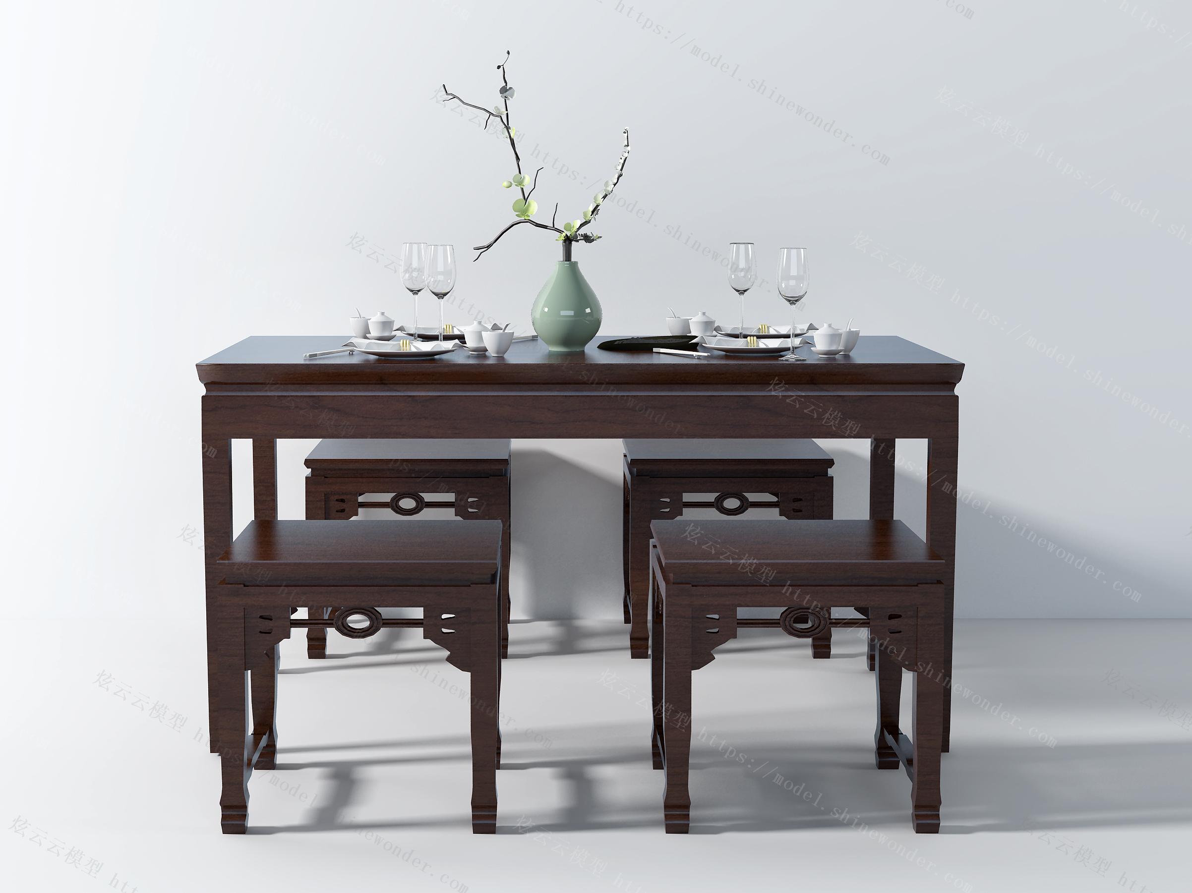 新中式餐桌椅摆件模型
