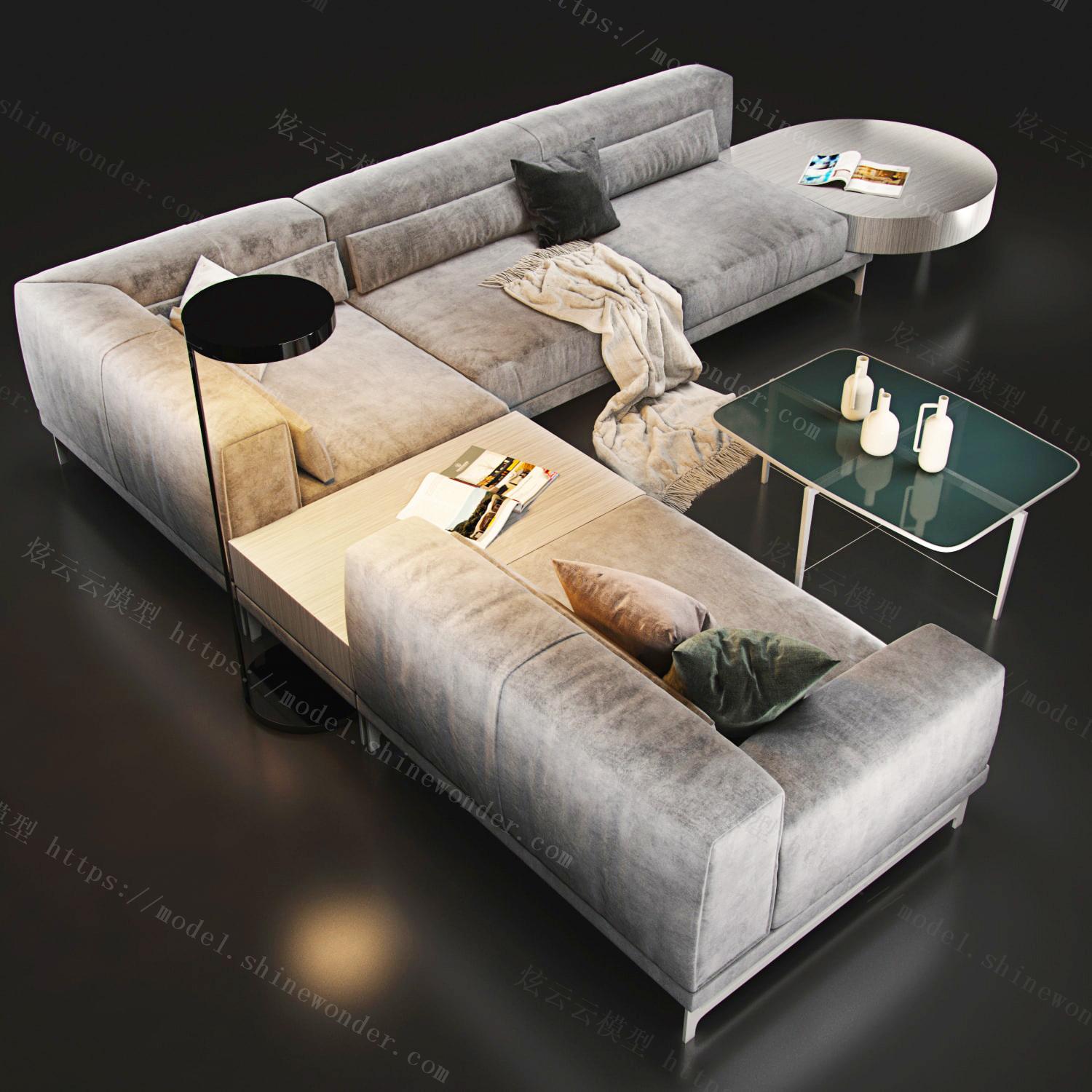 现代布艺拐角沙发茶几组合模型