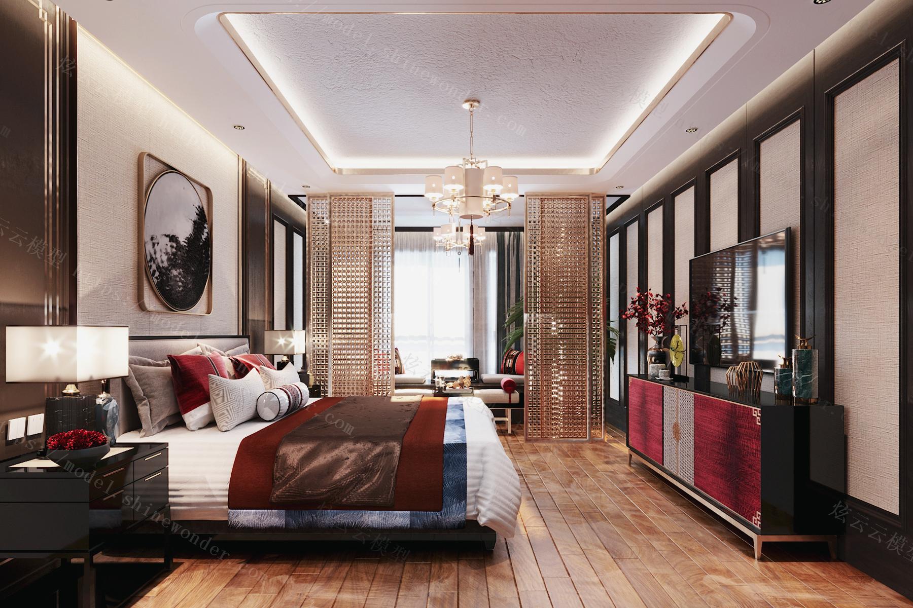 新中式酒店卧室客房标间模型