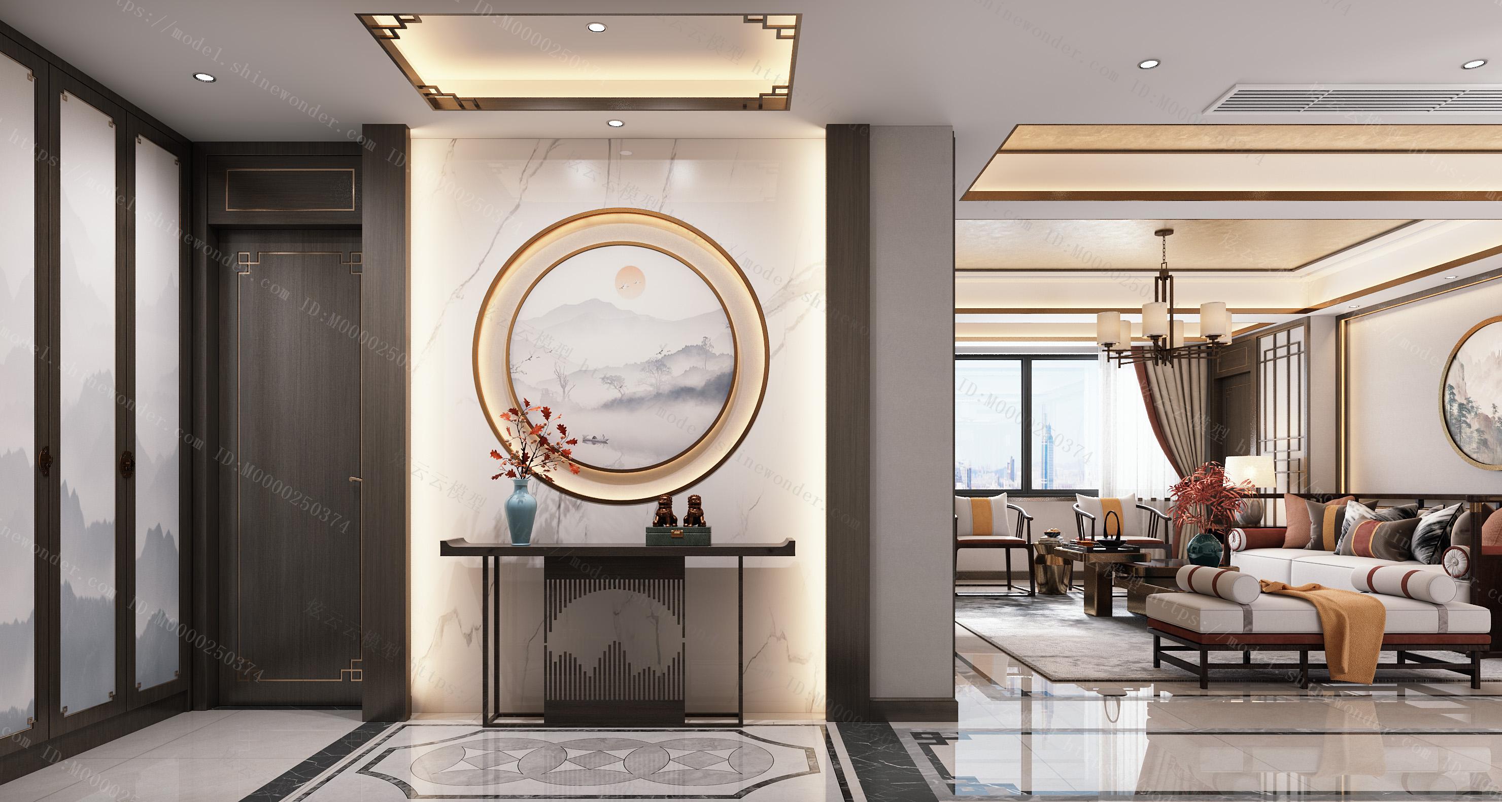 新中式客厅餐厅玄关茶室模型