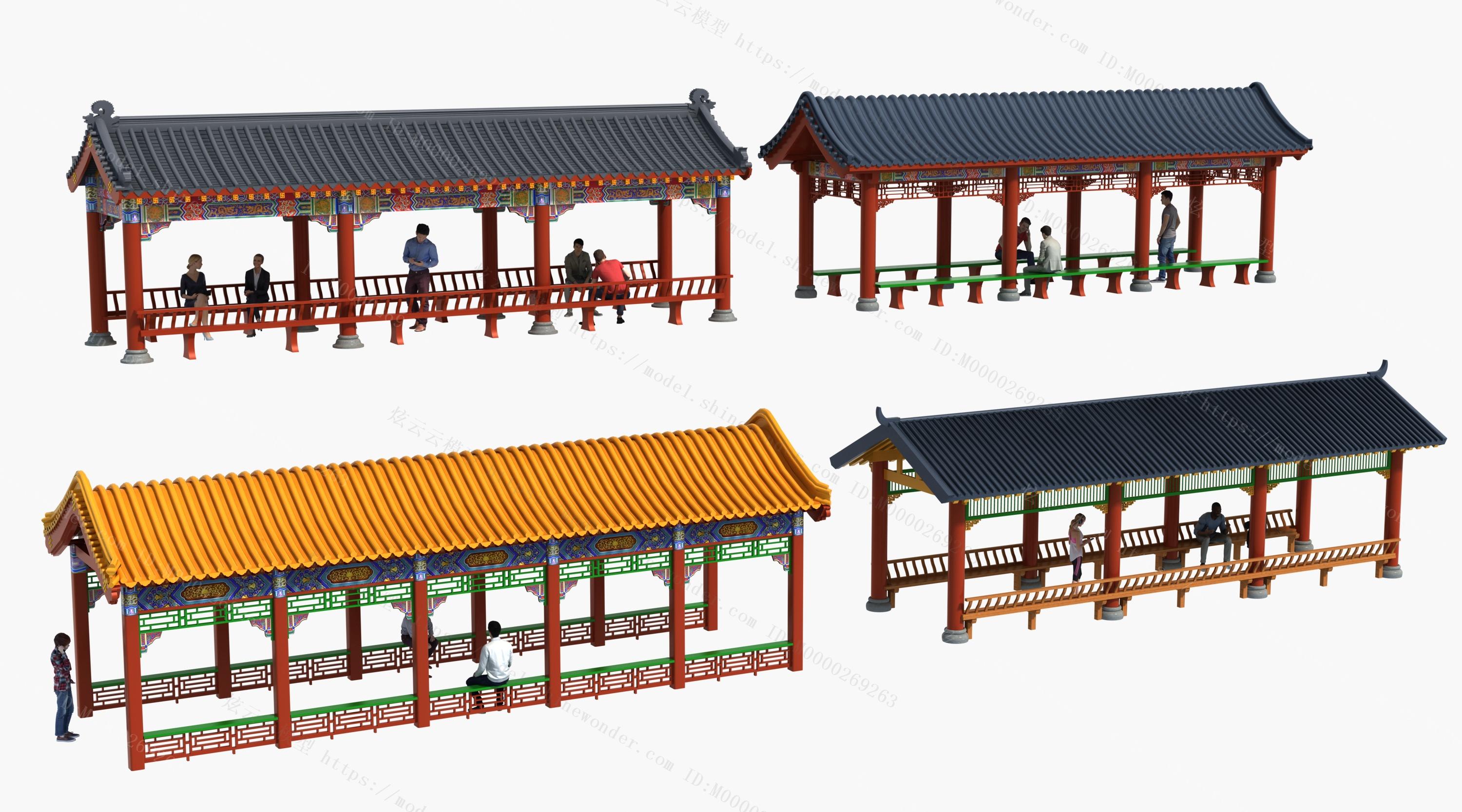 中式古建景观长廊花架连廊模型