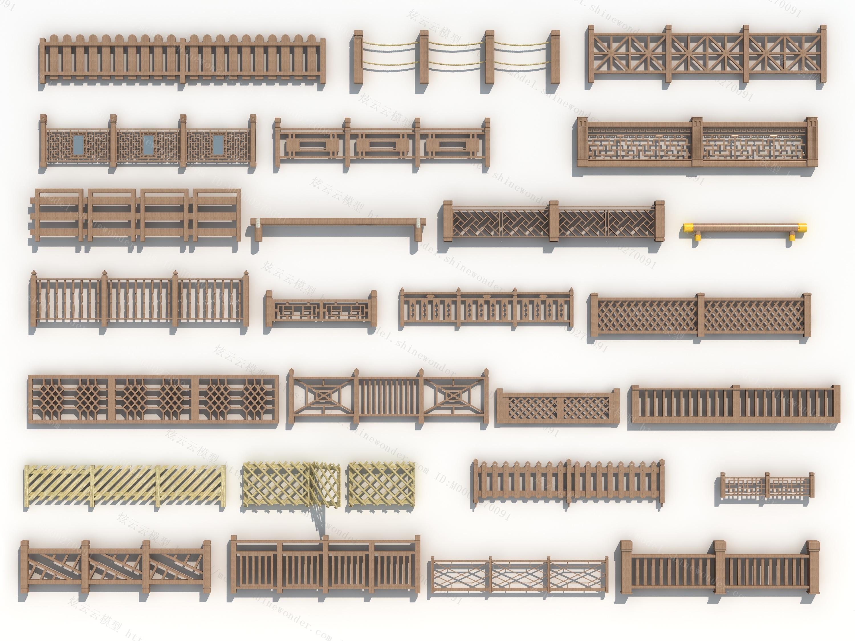 中式栏杆围栏篱笆模型