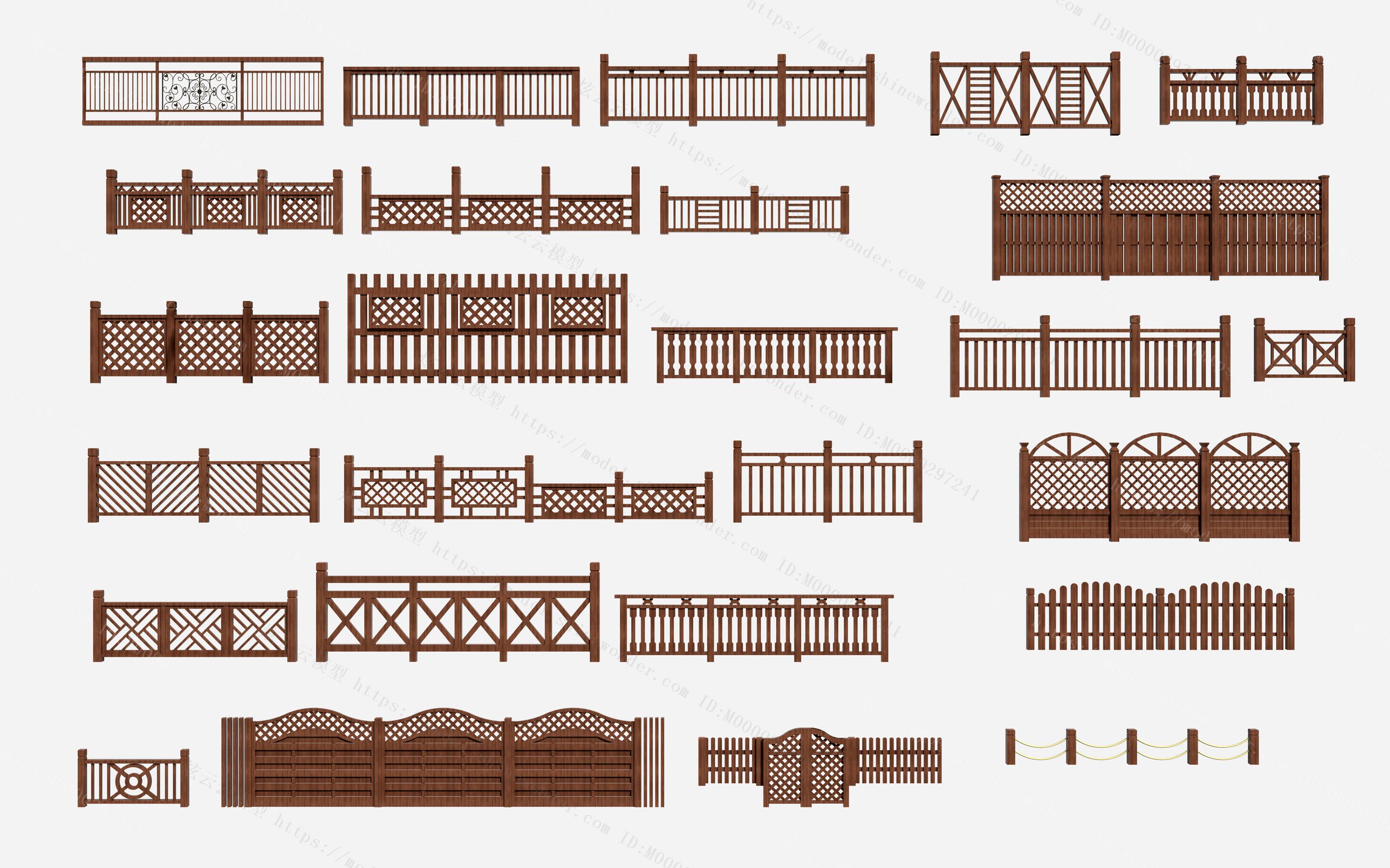 中式木质栏杆围栏栅栏围墙篱笆护模型