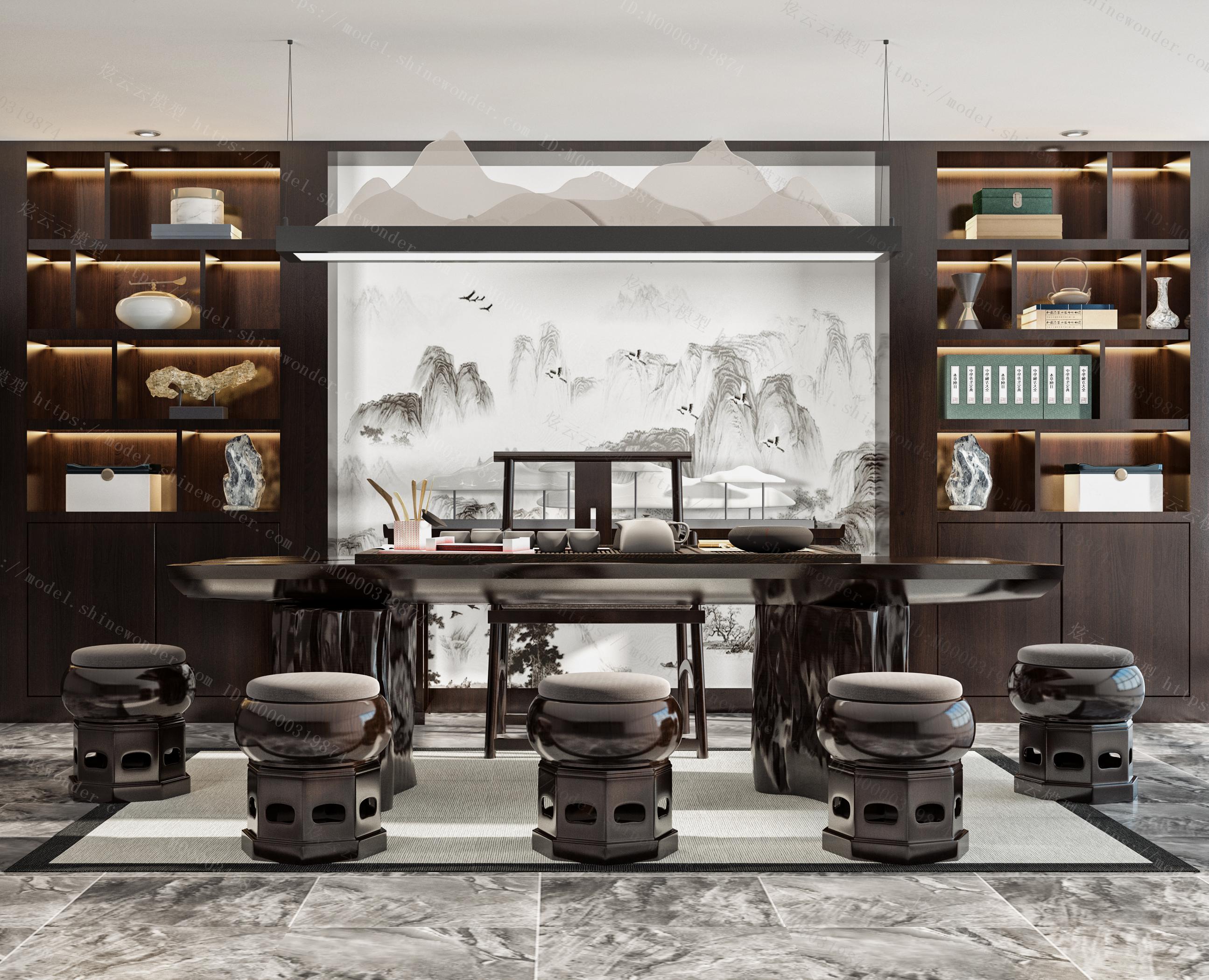 中式茶厅茶桌吊灯茶柜茶具模型