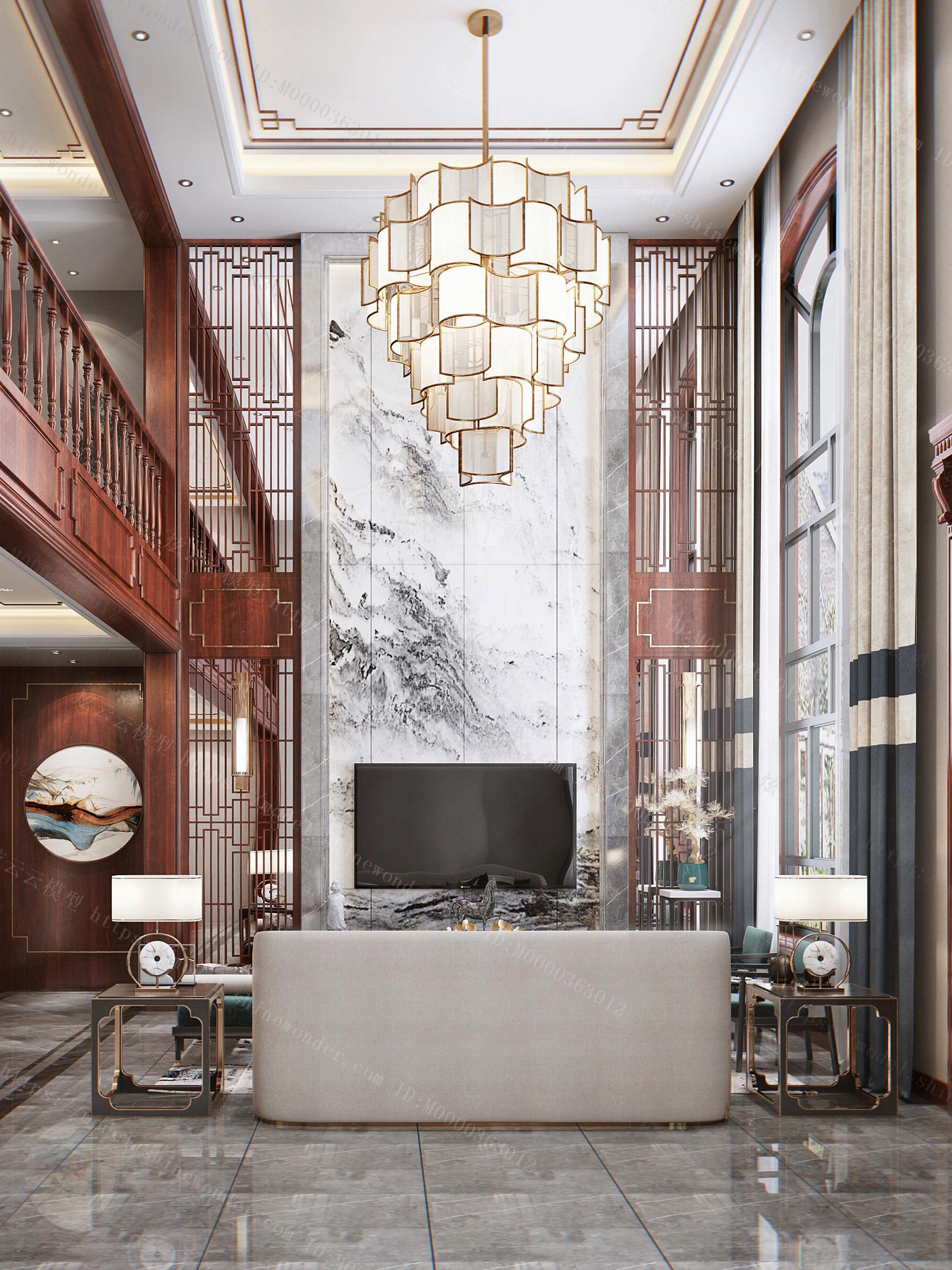 新中式风格别墅客厅 过道 灯具 组合沙发模型