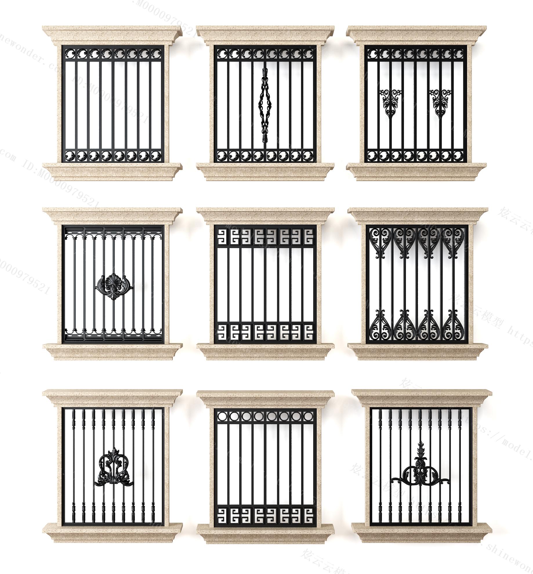 欧式铁艺窗户防盗网栏杆护栏模型