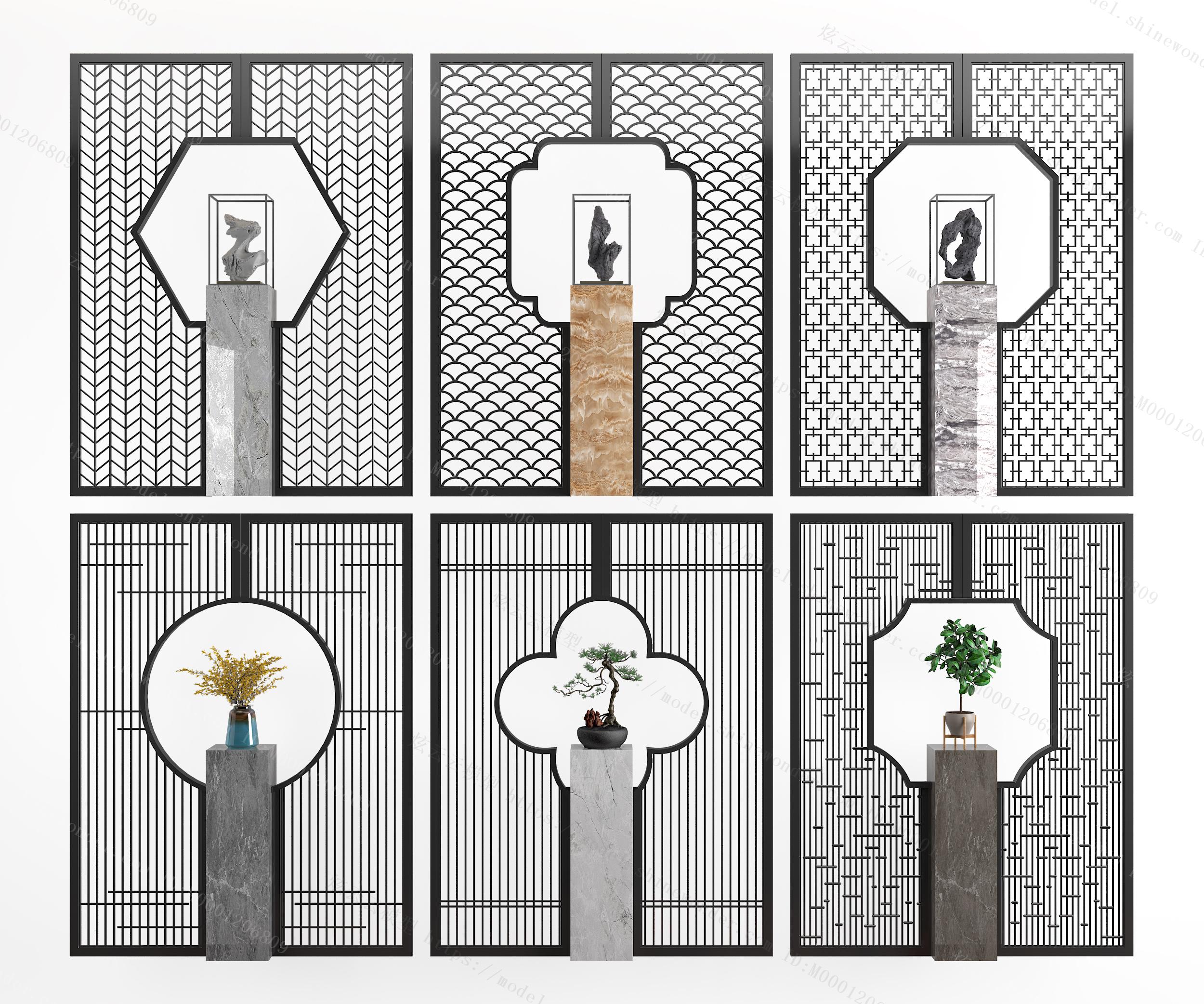 新中式隔断屏风花格摆件盆栽模型