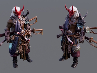 现代白发红面具武士雕塑