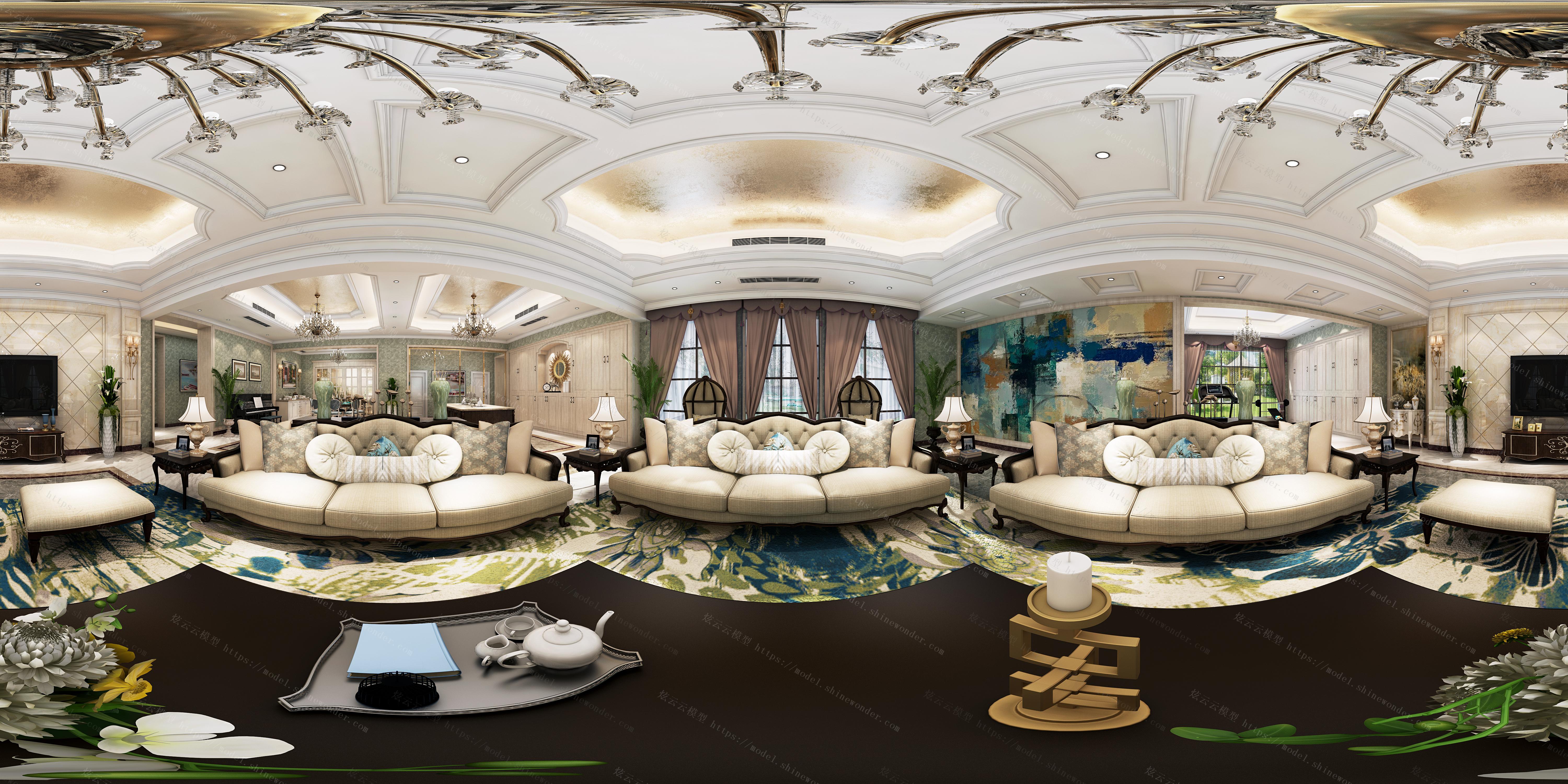 简欧客厅全景模型