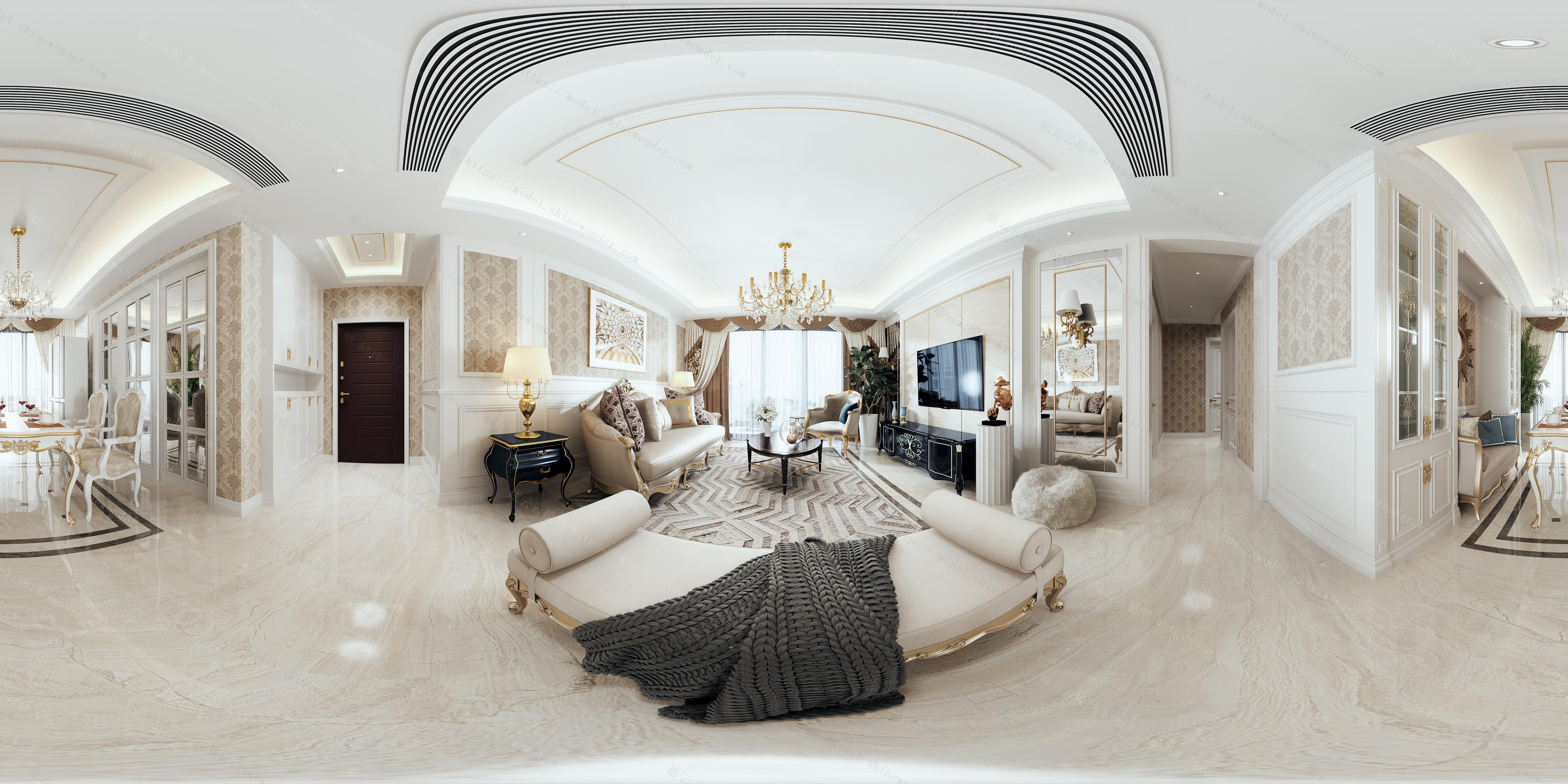 欧式客餐厅过道全景模型模型