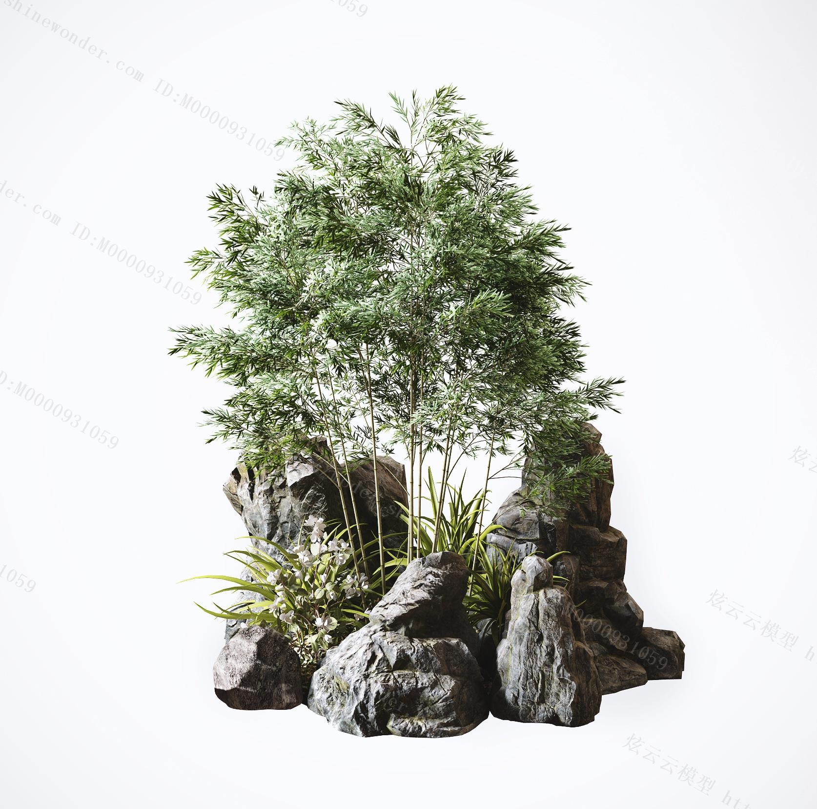 新中式园林艺术假山石头竹子植物小品模型