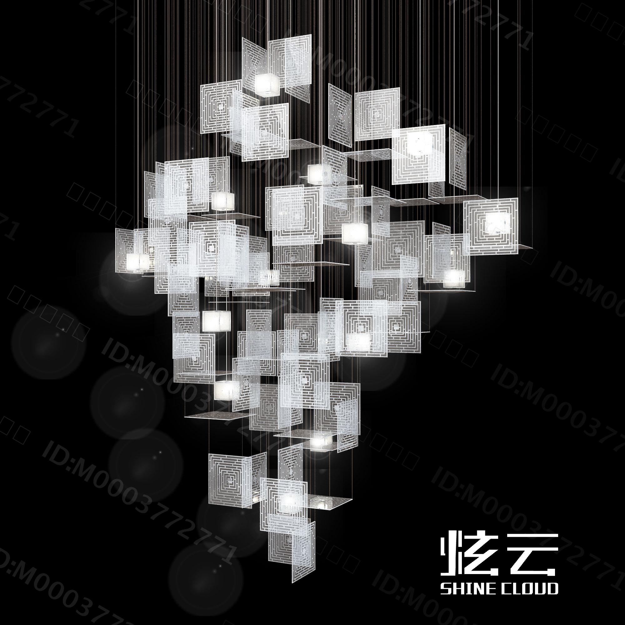 3D模型-新中式亚克力方片吊灯模型-M0003772771-炫云云模型网