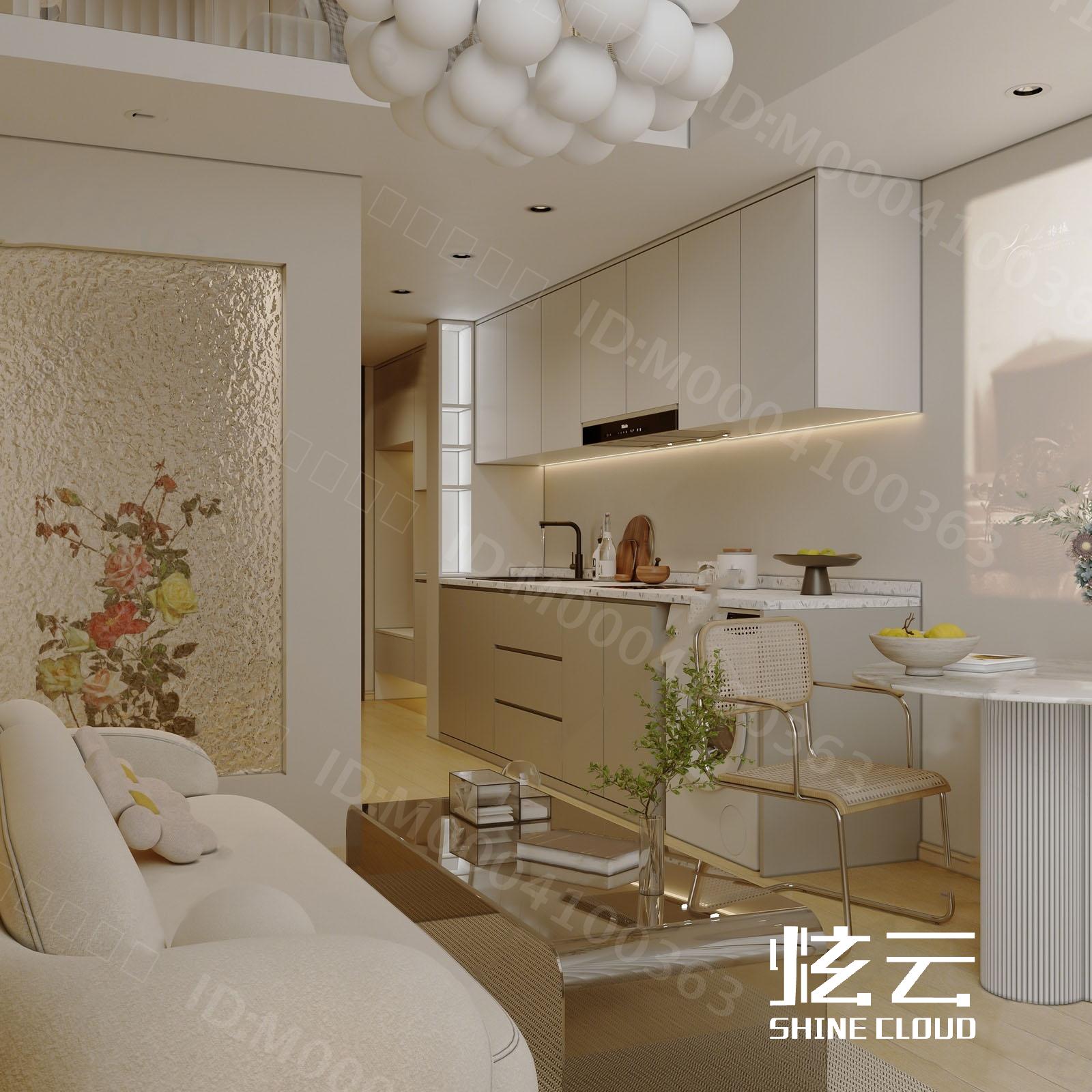 3D模型-现代loft奶油风单身公寓模型-M0004100363-炫云云模型网